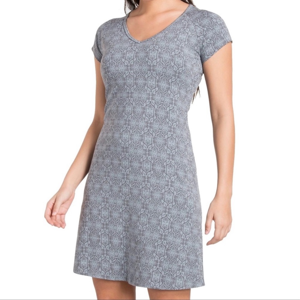 KUHL Sz M Oriana Cool Plus Jersey Dress V-Neck Blue Gray Stretch Athletic